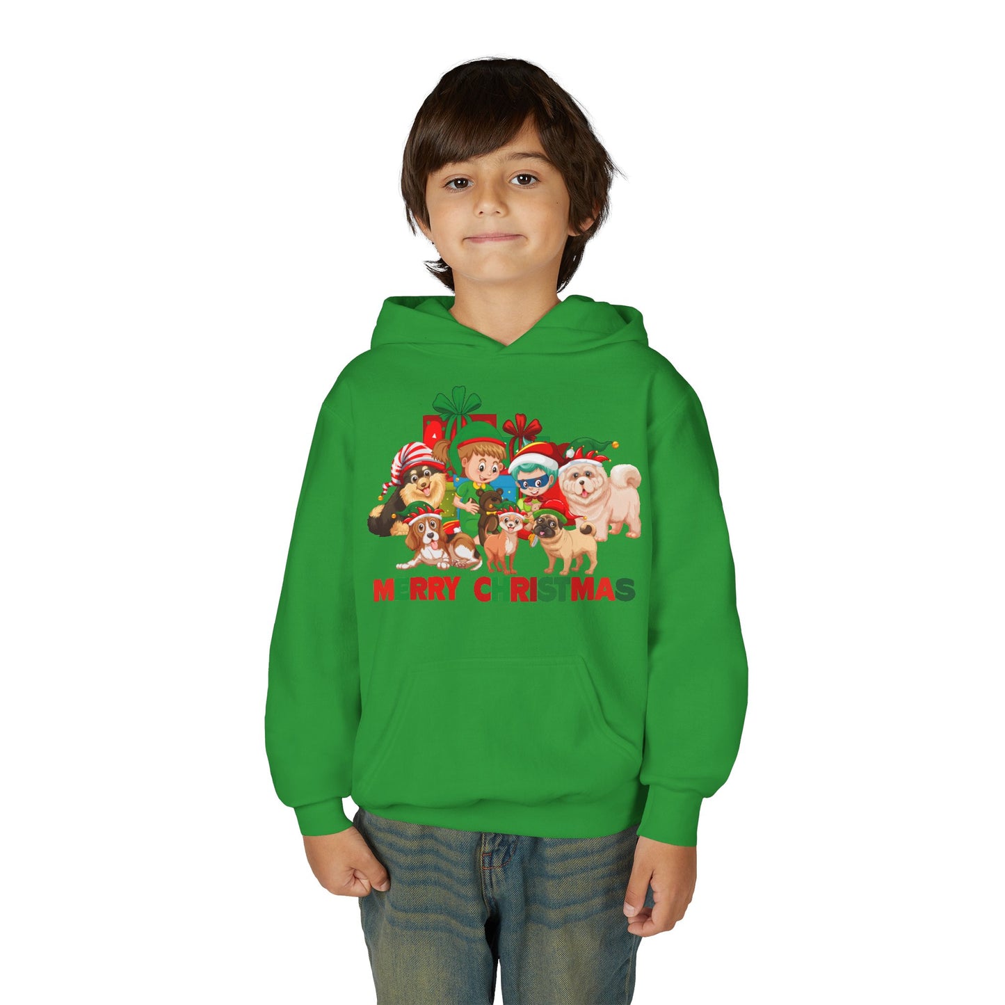 Youth Heavy Blend Hooded Sweatshirt - Christmas with super kiddo pet friends with text