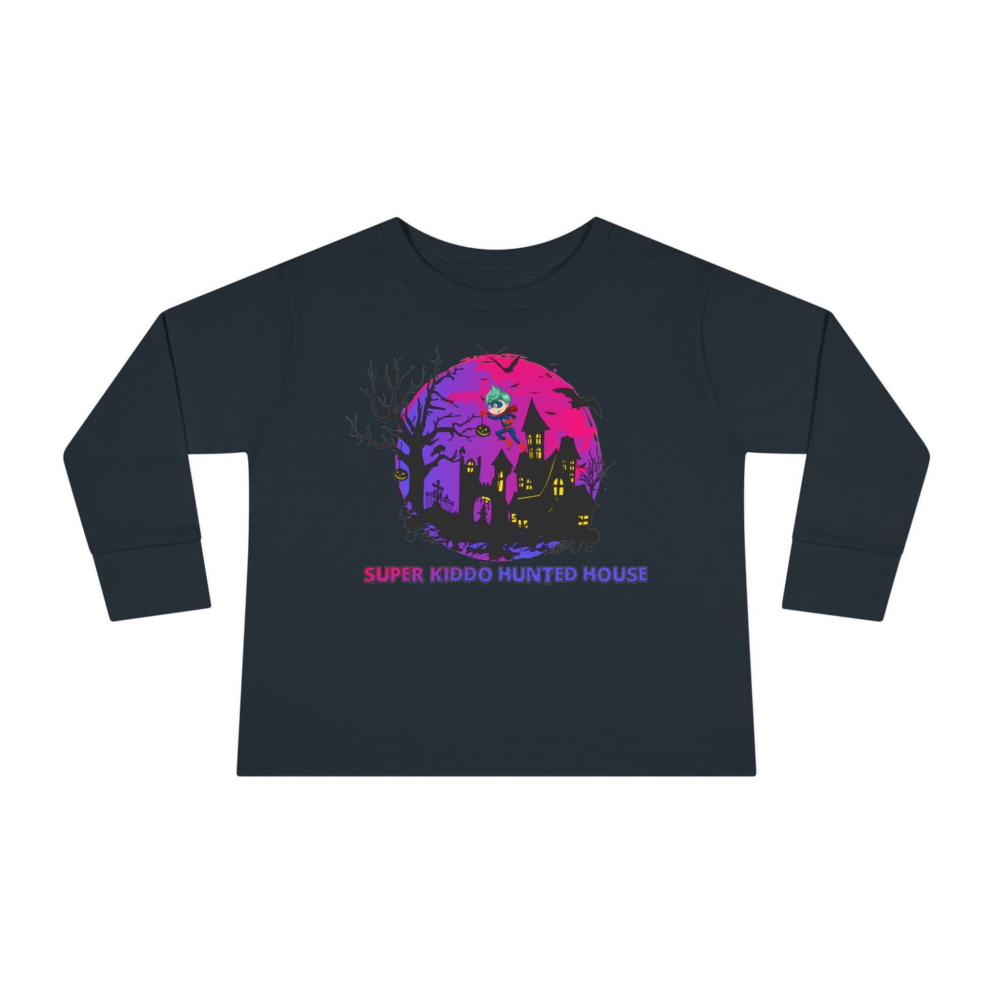 Toddler Long Sleeve Tee - Super kiddo flying on hunted house