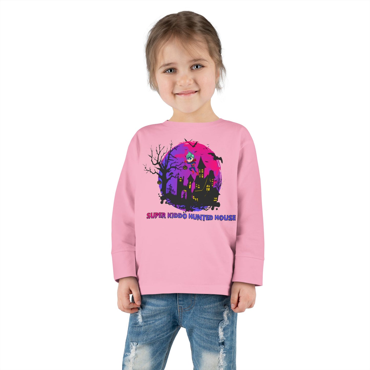 Toddler Long Sleeve Tee - Super kiddo flying on hunted house
