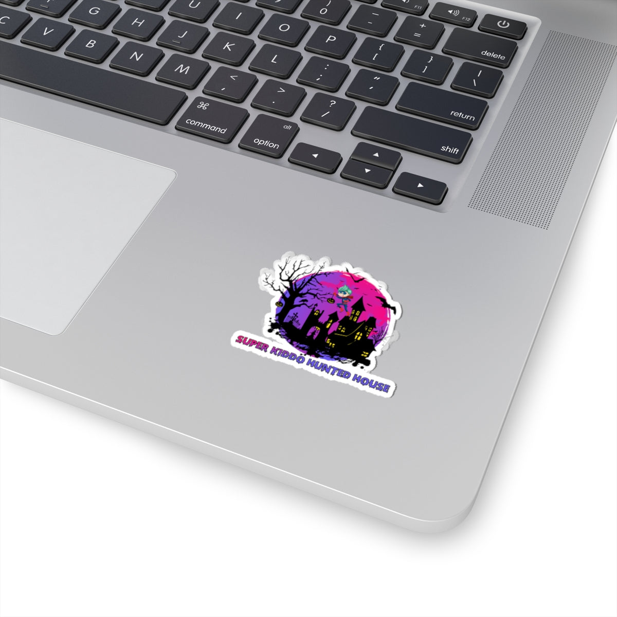 Kiss-Cut Stickers - Super kiddo flying on hunted house - [[{"value":"Wonderwear Kid"}]]