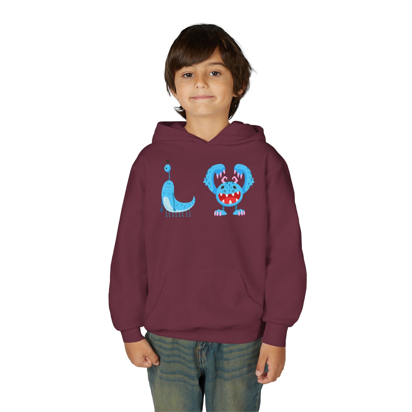 Youth Heavy Blend Hooded Sweatshirt - Happy toothy blue monsters