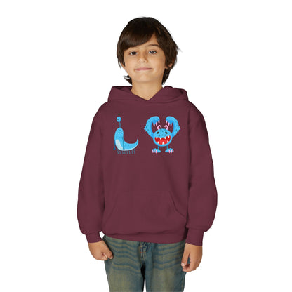 Youth Heavy Blend Hooded Sweatshirt - Happy toothy blue monsters Printify