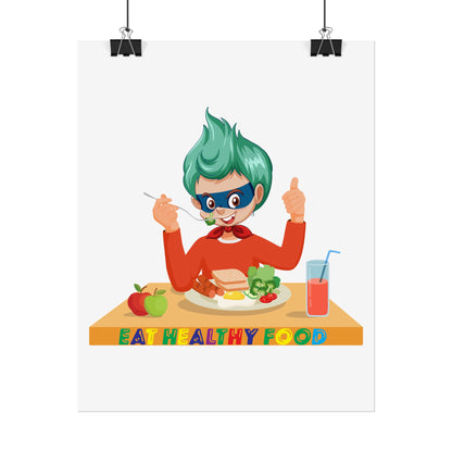 Rolled Posters - Super kiddo eating healthy breafast - [[{"value":"Wonderwear Kid"}]]