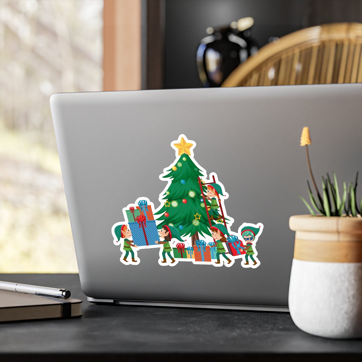 Christmas Kiss-Cut Vinyl Decals – Super kiddo putting gifts on christmas tree - [[{"value":"Wonderwear Kid"}]]