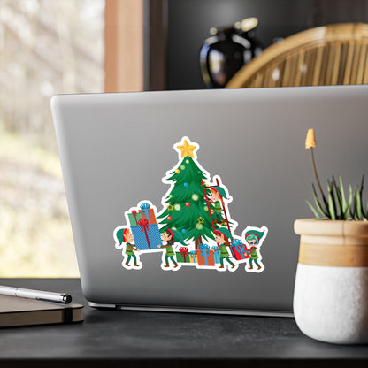 Christmas Kiss-Cut Vinyl Decals – Super kiddo putting gifts on christmas tree - [[{"value":"Wonderwear Kid"}]]