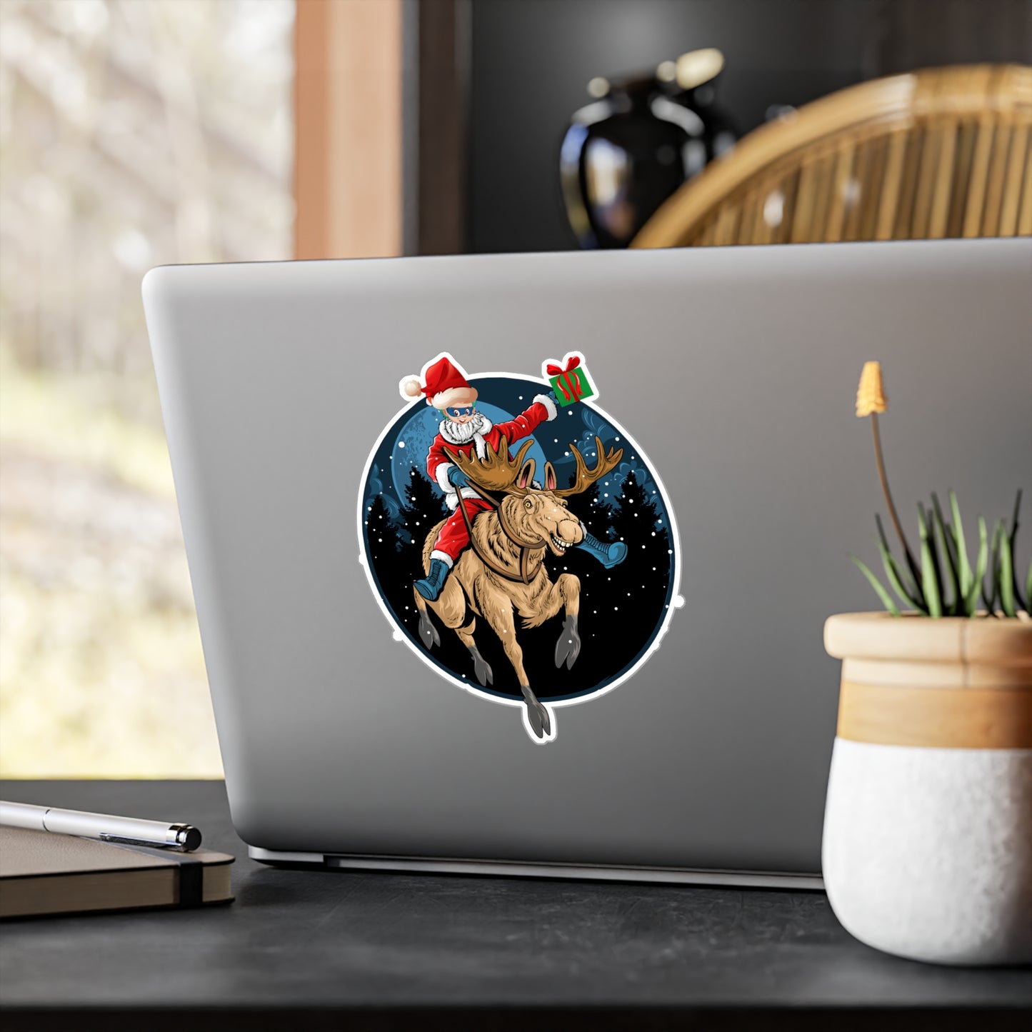 Christmas Kiss-Cut Vinyl Decals – Super kiddo riding a reindeer - [[{"value":"Wonderwear Kid"}]]