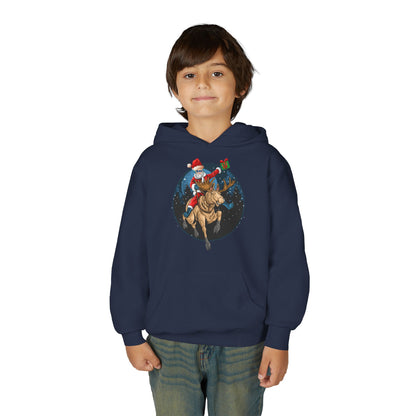 Youth Heavy Blend Hooded Sweatshirt - Super kiddo riding a reindeer - [[{"value":"Wonderwear Kid"}]]