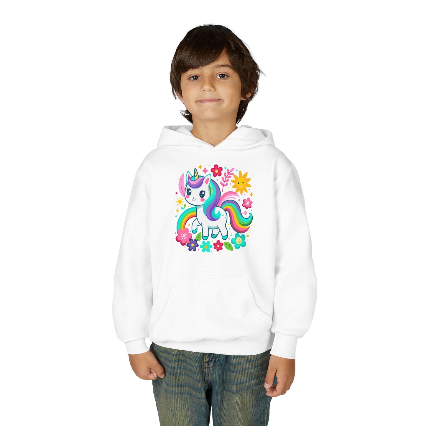Youth Heavy Blend Hooded Sweatshirt - Unicorn with flowers