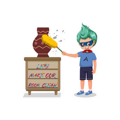 Halloween Kiss-Cut Vinyl Decals – Super kiddo cleaning a vase - [[{"value":"Wonderwear Kid"}]]
