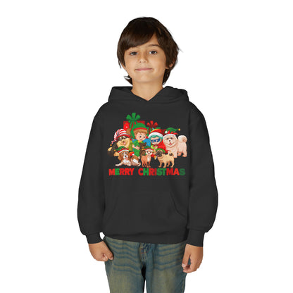 Youth Heavy Blend Hooded Sweatshirt - Christmas with super kiddo pet friends with text - [[{"value":"Wonderwear Kid"}]]