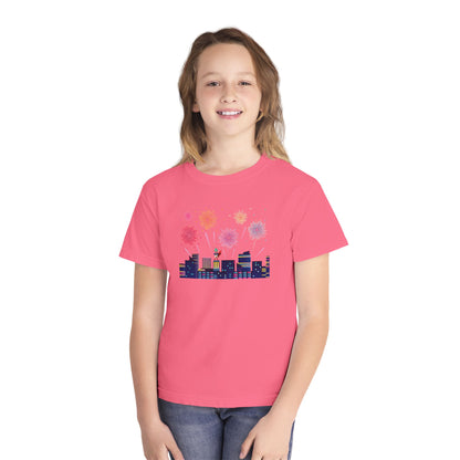 Youth Midweight Tee -  Super kiddo with fireworks - [[{"value":"Wonderwear Kid"}]]