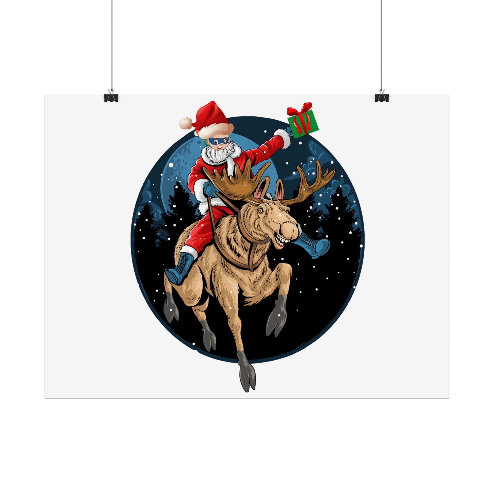 Rolled Posters - Super kiddo riding a reindeer - [[{"value":"Wonderwear Kid"}]]