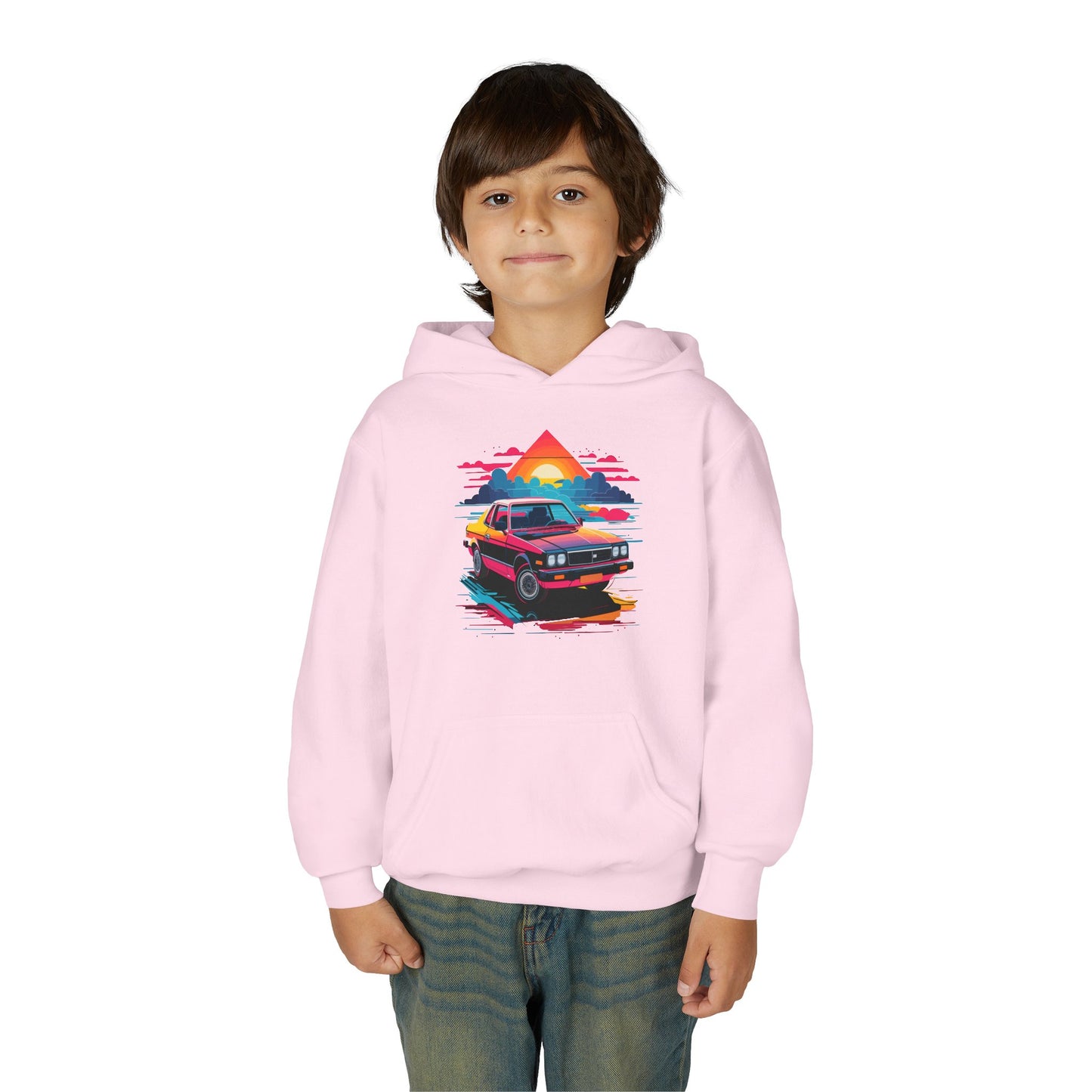 Youth Heavy Blend Hooded Sweatshirt - Retro Car and Sunset