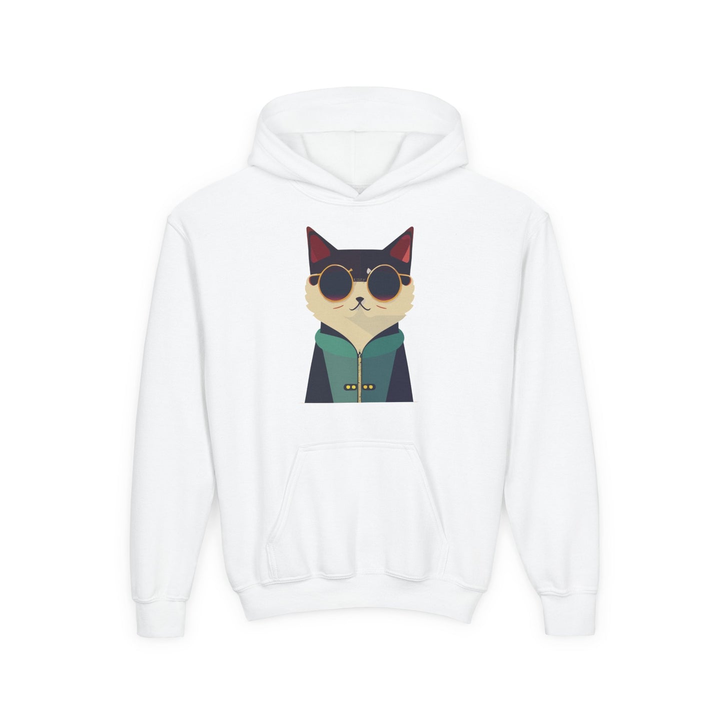 Youth Heavy Blend Hooded Sweatshirt - Cool Cat with Sunglasses