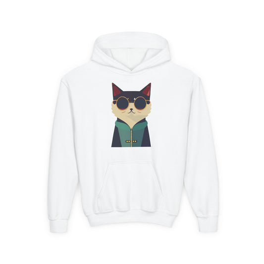 Youth Heavy Blend Hooded Sweatshirt - Cool Cat with Sunglasses
