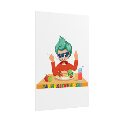 Rolled Posters - Super kiddo eating healthy breafast - [[{"value":"Wonderwear Kid"}]]