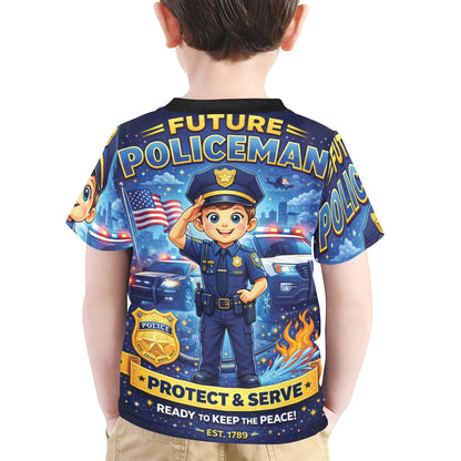 Little Kids' All Over Print Crew Neck T-Shirt - Proud to Serve - Young Patriot - Future Policeman