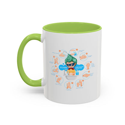 Accent Coffee Mug - Super kiddo hand washing steps - [[{"value":"Wonderwear Kid"}]]
