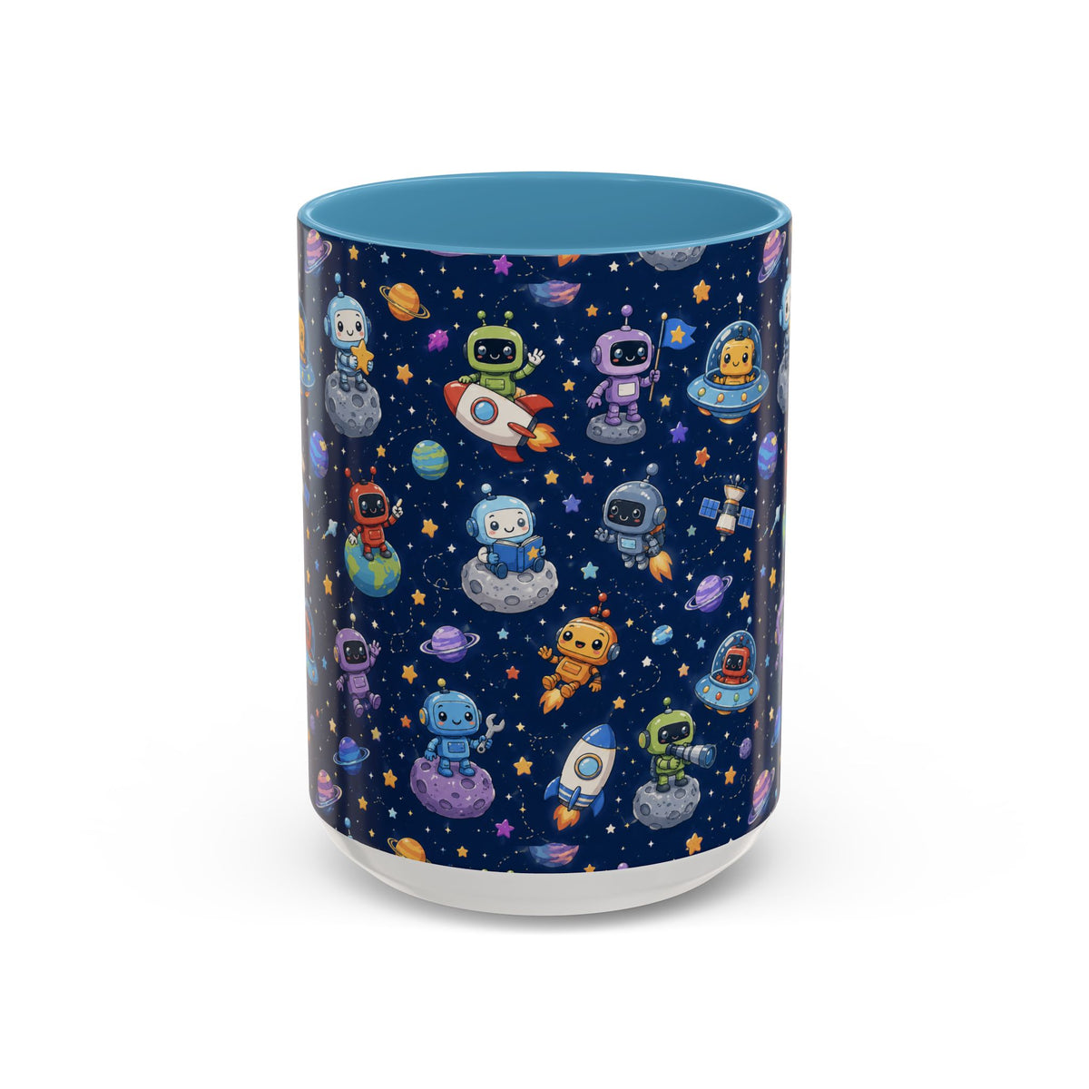 Galactic Robots Accent Coffee Mug — Cute Space Astronaut Pattern (11/15 oz)