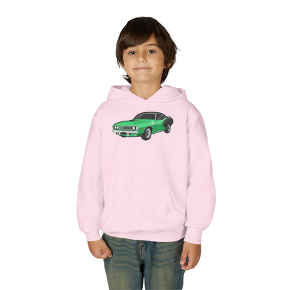 Youth Heavy Blend Hooded Sweatshirt - Vintage green car Printify