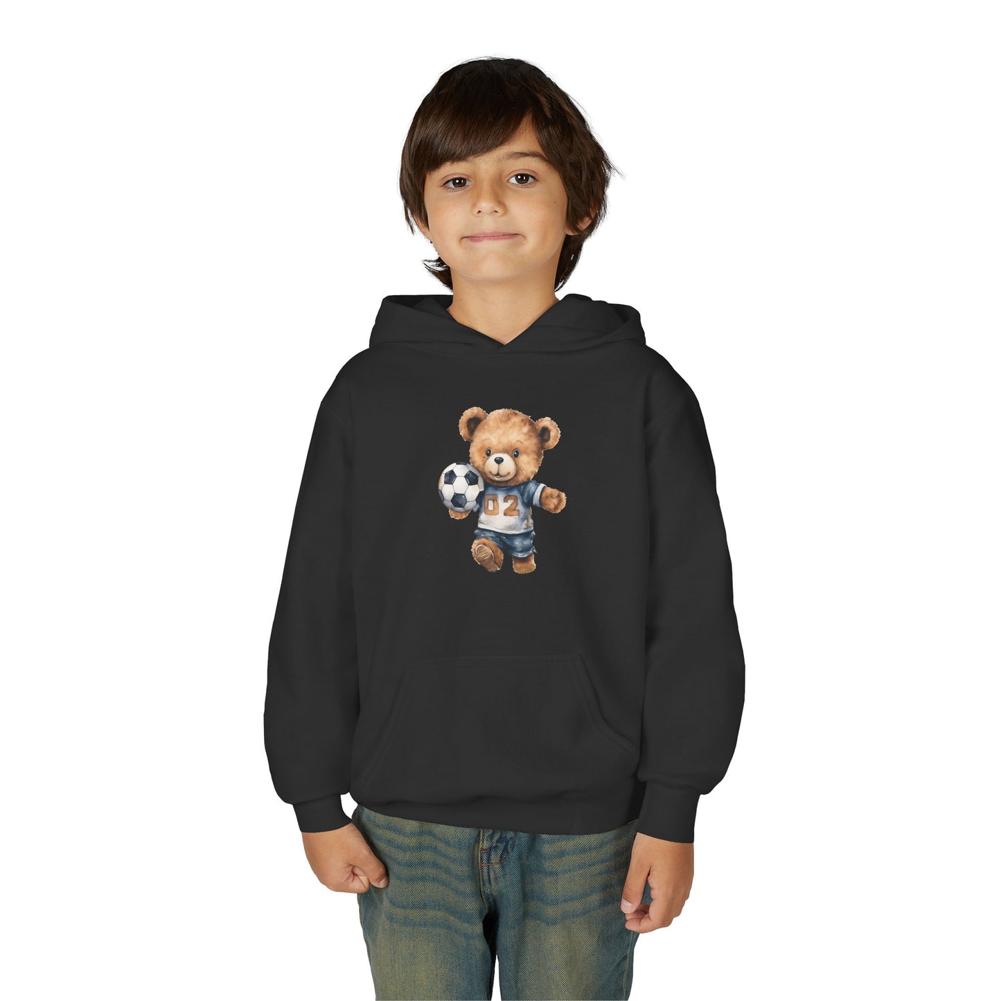 Youth Heavy Blend Hooded Sweatshirt - Adorable Soccer Bear