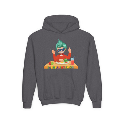Youth Heavy Blend Hooded Sweatshirt - Super kiddo eating healthy breafast - [[{"value":"Wonderwear Kid"}]]