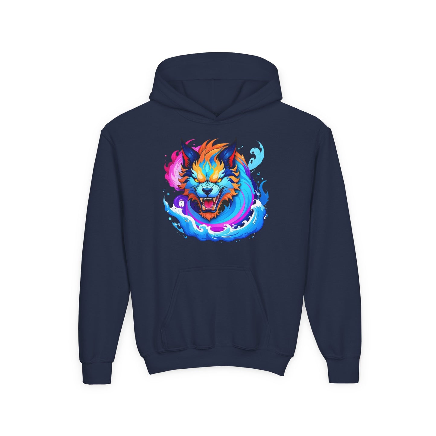 Youth Heavy Blend Hooded Sweatshirt - Vibrant Wolf Design