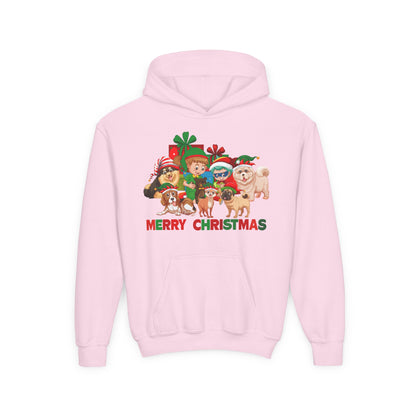 Youth Heavy Blend Hooded Sweatshirt - Christmas with super kiddo pet friends with text - [[{"value":"Wonderwear Kid"}]]