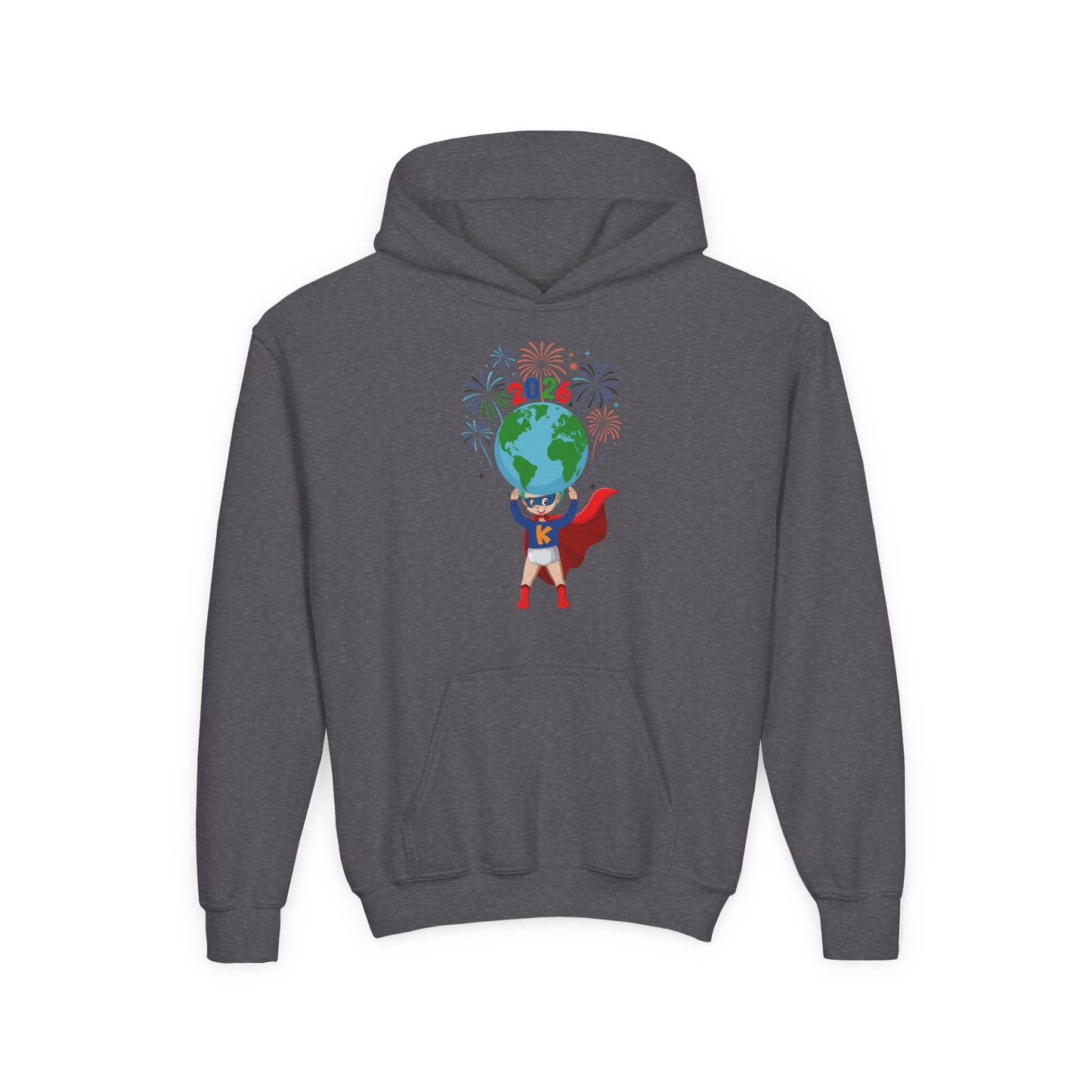Youth Heavy Blend Hooded Sweatshirt - Super kiddo holding globe