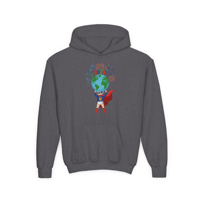 Youth Heavy Blend Hooded Sweatshirt - Super kiddo holding globe - [[{"value":"Wonderwear Kid"}]]