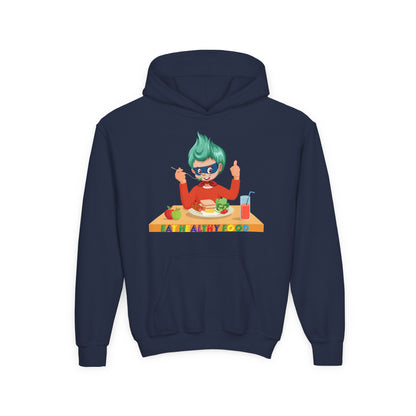 Youth Heavy Blend Hooded Sweatshirt - Super kiddo eating healthy breafast - [[{"value":"Wonderwear Kid"}]]