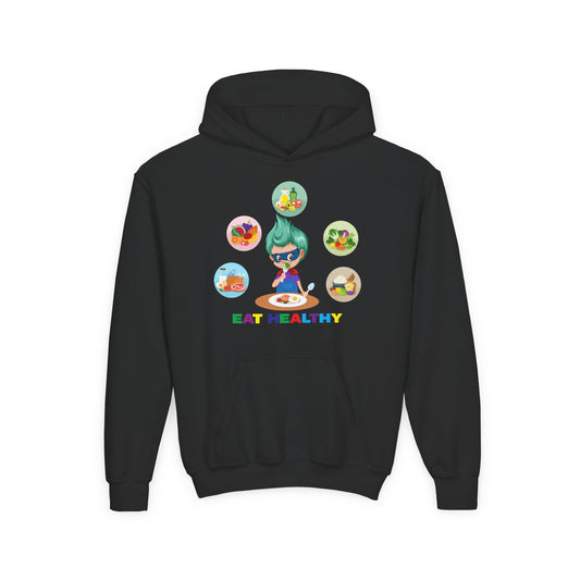 Youth Heavy Blend Hooded Sweatshirt - Supper kiddo showing healthy food to eat - [[{"value":"Wonderwear Kid"}]]