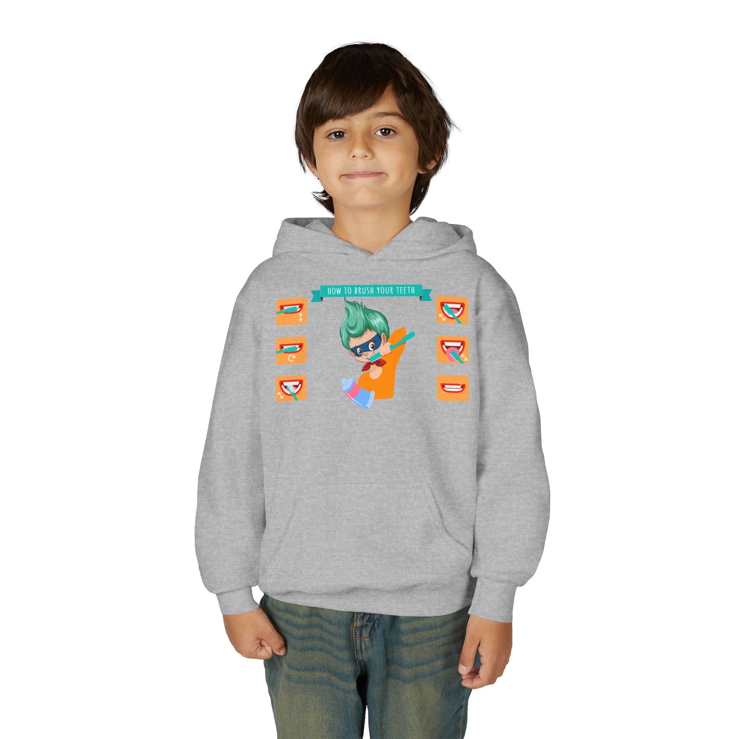 Youth Heavy Blend Hooded Sweatshirt - Super kiddo how to brush teeth