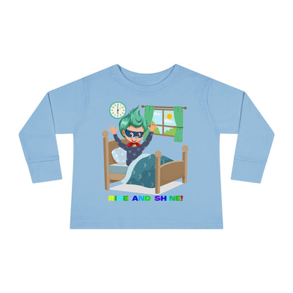 Toddler Long Sleeve Tee - Super kiddo teaches us to wake up early - [[{"value":"Wonderwear Kid"}]]