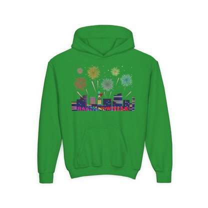 Youth Heavy Blend Hooded Sweatshirt - Super kiddo with fireworks with text - [[{"value":"Wonderwear Kid"}]]