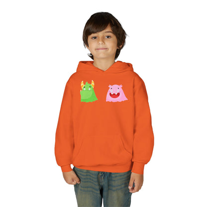 Youth Heavy Blend Hooded Sweatshirt - Green and pink monsters Printify