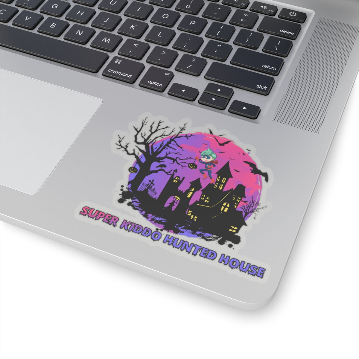 Kiss-Cut Stickers - Super kiddo flying on hunted house - [[{"value":"Wonderwear Kid"}]]