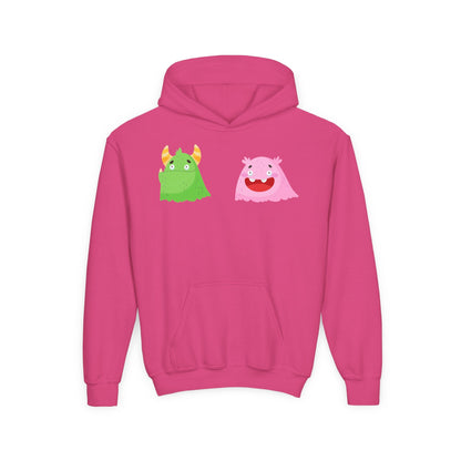 Youth Heavy Blend Hooded Sweatshirt - Green and pink monsters Printify