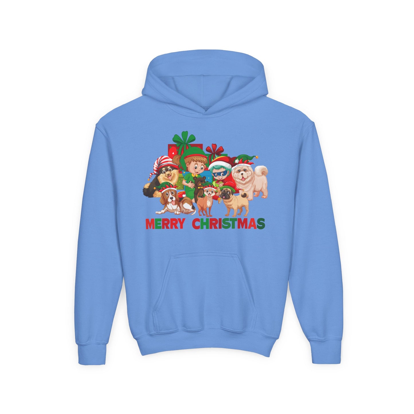 Youth Heavy Blend Hooded Sweatshirt - Christmas with super kiddo pet friends with text