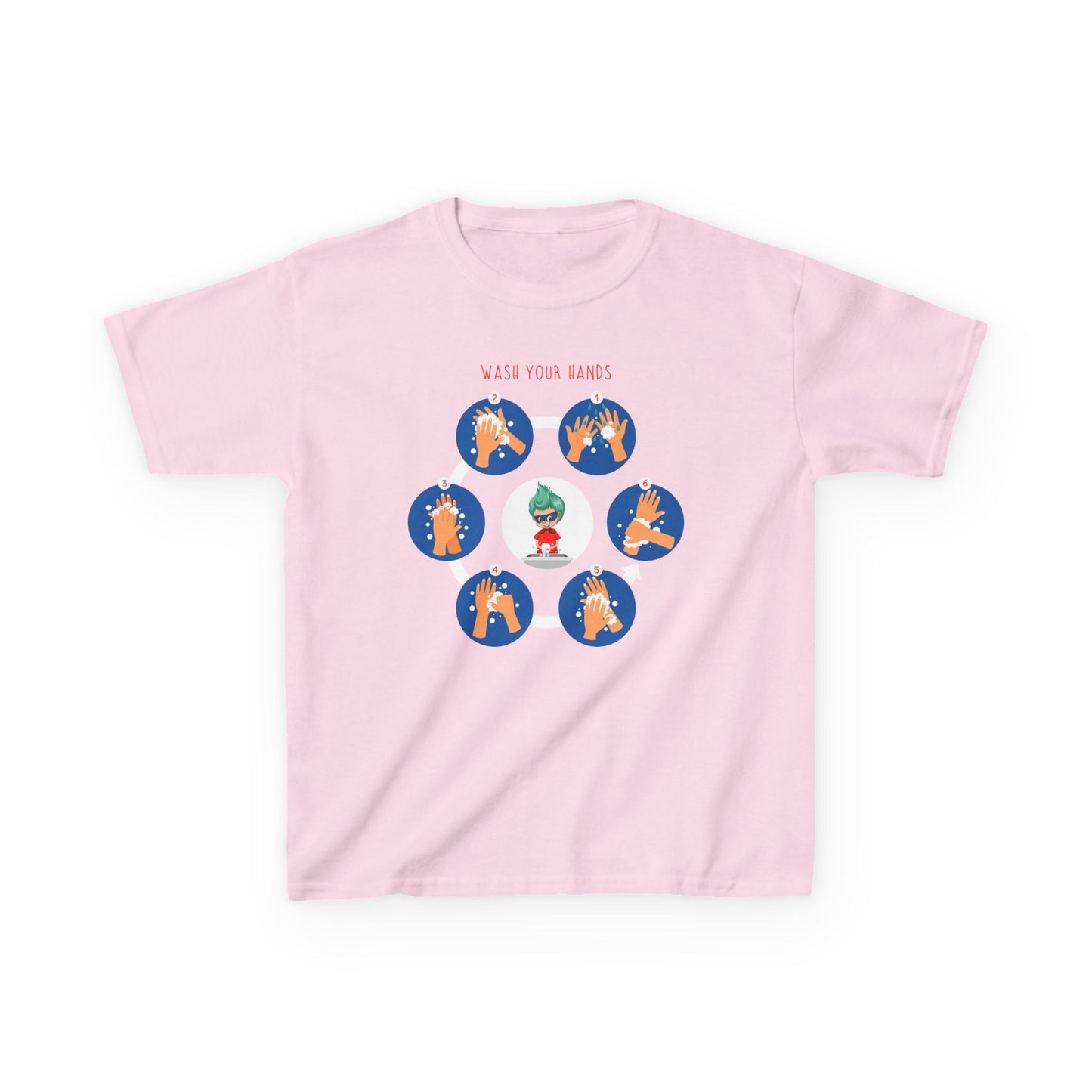 Kids Heavy Cotton™ Tee - Super kiddo teaching how to wash hands - [[{"value":"Wonderwear Kid"}]]