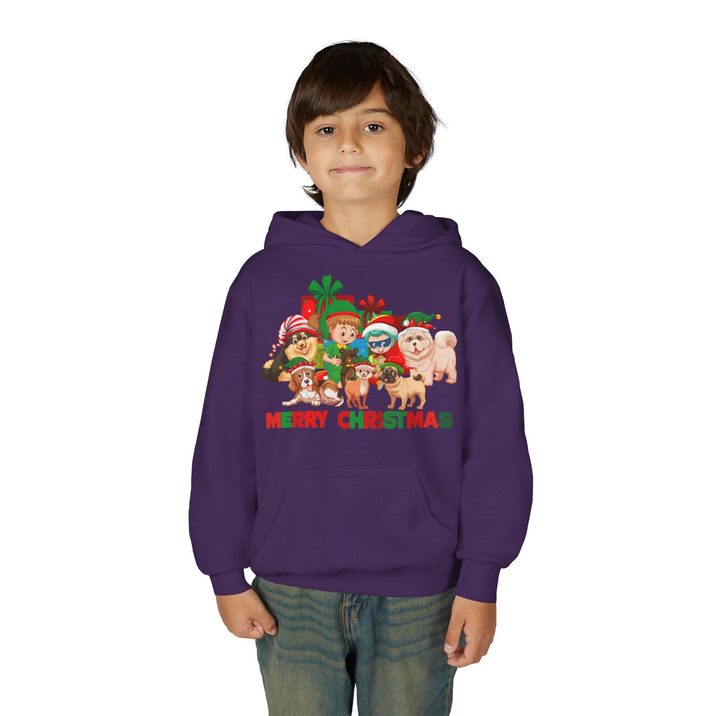 Youth Heavy Blend Hooded Sweatshirt - Christmas with super kiddo pet friends with text