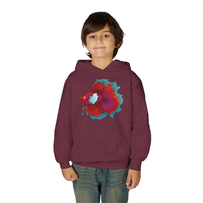 Youth Heavy Blend Hooded Sweatshirt - Red Siamese fighting fish Printify