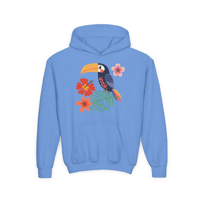 Youth hoodie with vibrant toucan bird design Printify