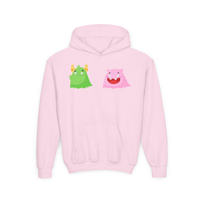 Youth Heavy Blend Hooded Sweatshirt - Green and pink monsters Printify
