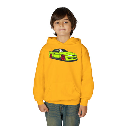 Youth Heavy Blend Hooded Sweatshirt - Yellow green race car Printify