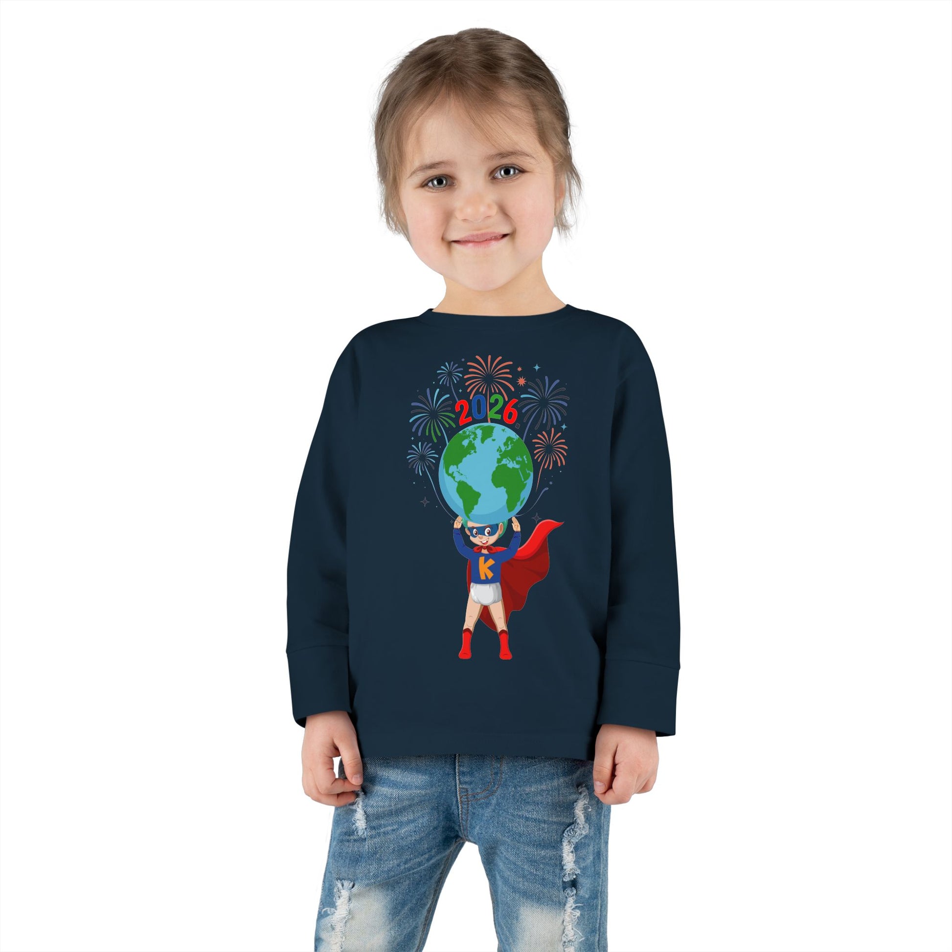 Toddler Long Sleeve Tee - Super kiddo holding globe - [[{"value":"Wonderwear Kid"}]]