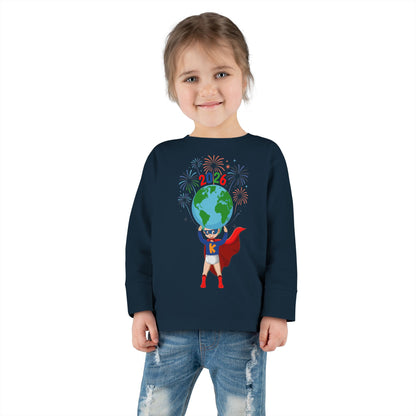 Toddler Long Sleeve Tee - Super kiddo holding globe - [[{"value":"Wonderwear Kid"}]]