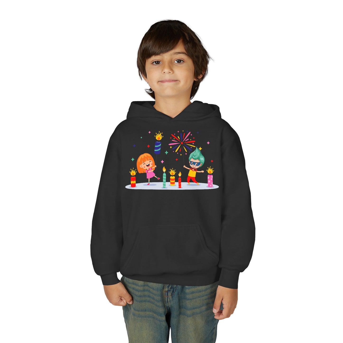 Youth Heavy Blend Hooded Sweatshirt - Super kiddo lighting fireworks