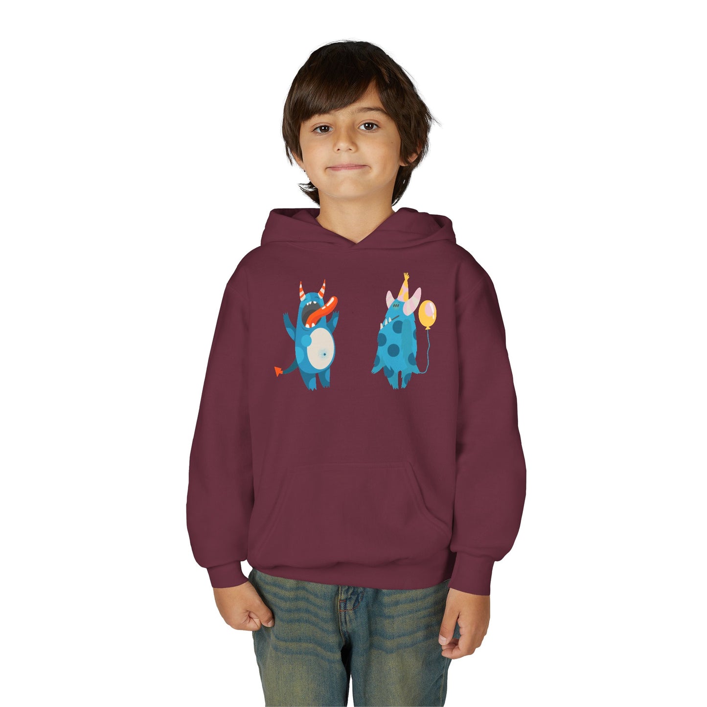 Youth Heavy Blend Hooded Sweatshirt - Blue monsters in action