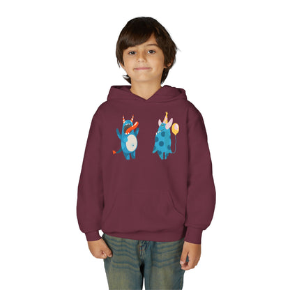 Youth Heavy Blend Hooded Sweatshirt - Blue monsters in action Printify